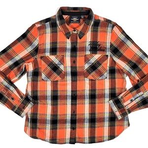 Harley-Davidson - Biker Long Sleeve Orange&Black Button-Up Plaid Shirt in Size S